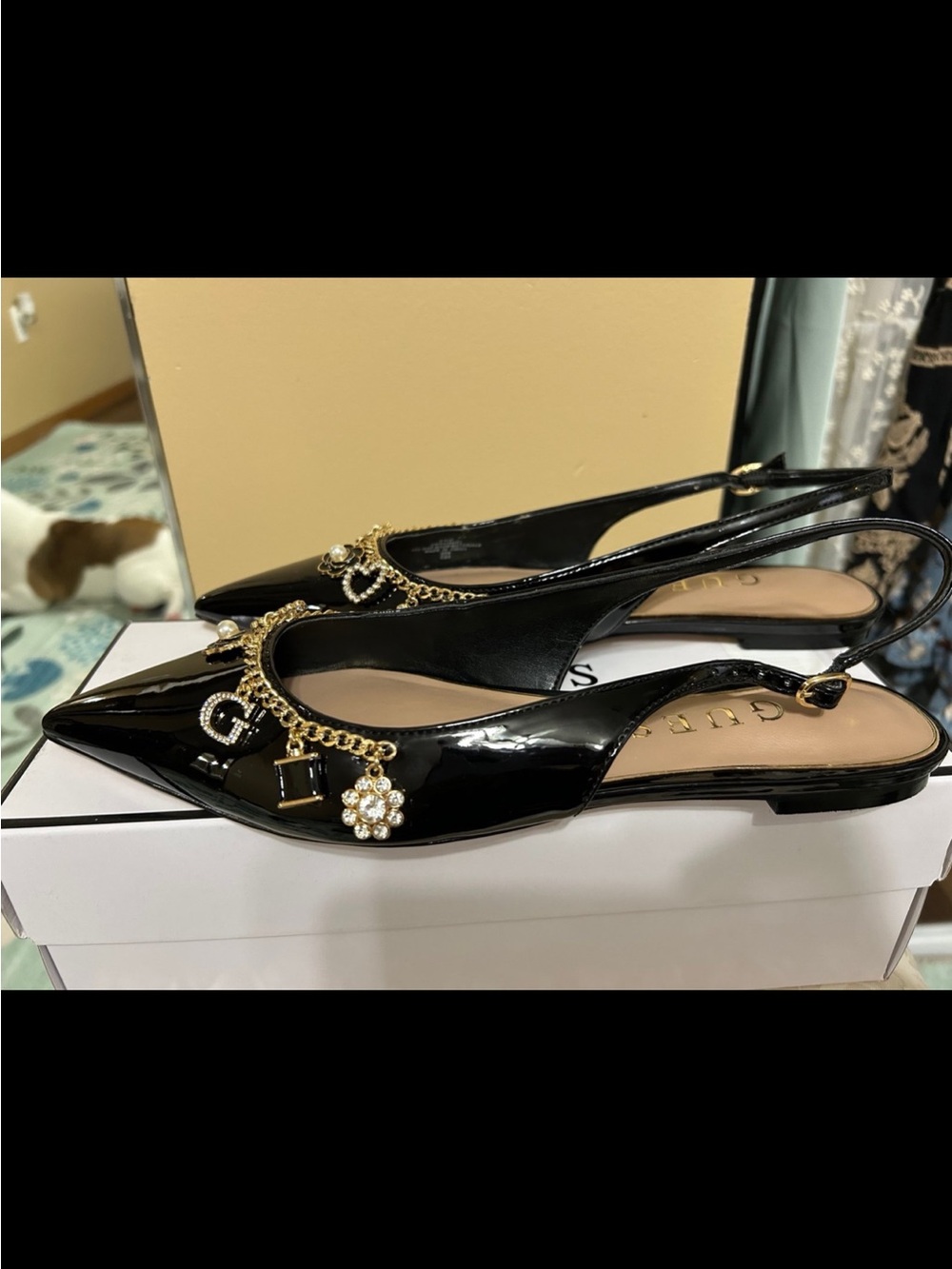 Guess Black Patent Slingback Flats with Gold Charm Chain